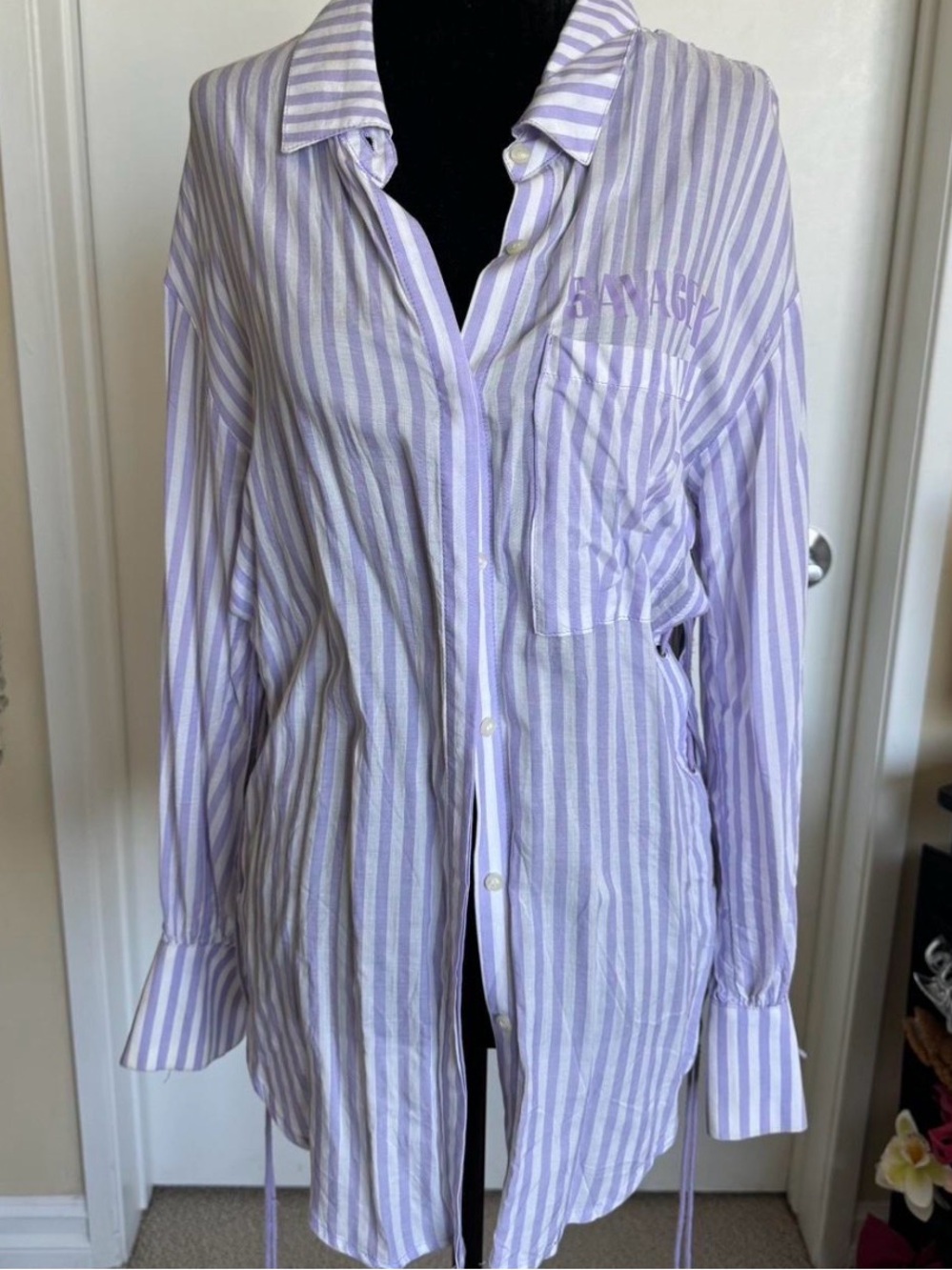 Savage X Fenty Lavender and White Striped Button-Down Shirt